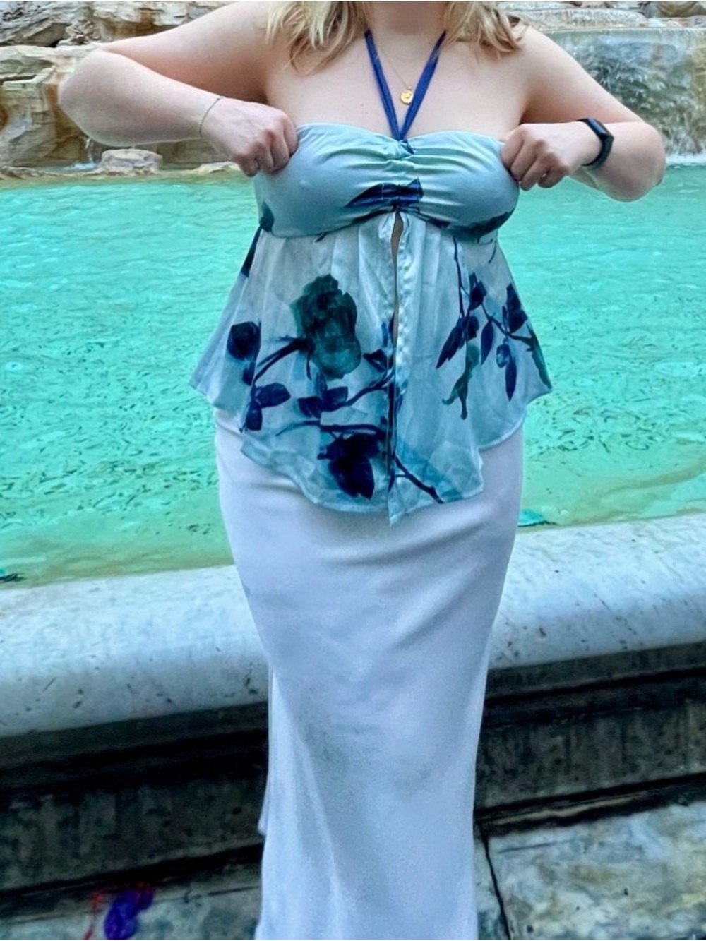 Light Blue Floral Satin Halter Tie Top